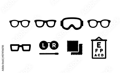 Minimal eyewear icons set with vision testing tools in silhouette style