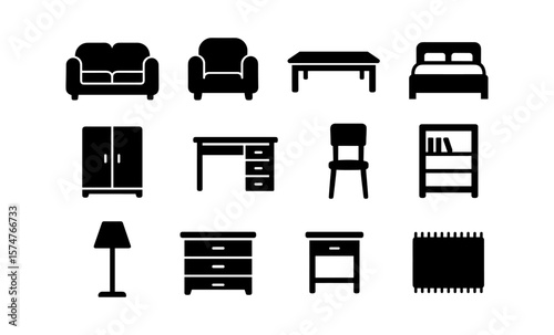 Minimal silhouette icons of interior furniture for modern design projects