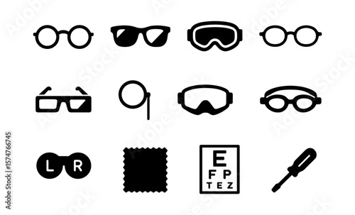 Stylish silhouette icons of eyewear and vision tools
