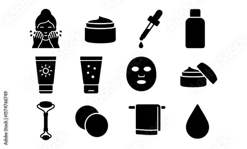 Silhouette icons of skincare routine: beauty and spa essentials