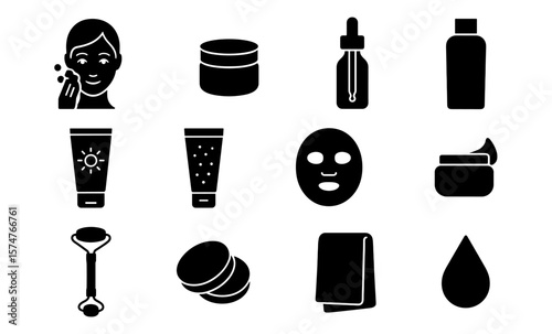 Beauty routine essentials silhouette icons for skincare products