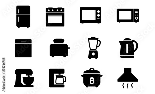 Kitchen appliance icons: black silhouette set including blender, toaster, and more