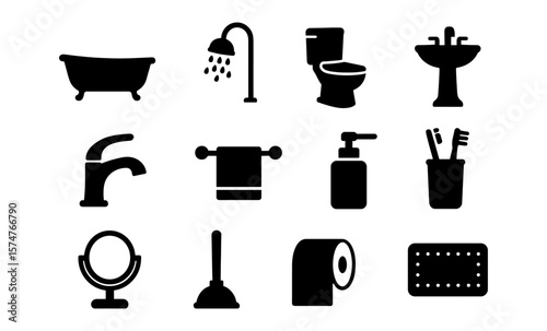 Bathroom silhouette icons: modern design of common bathroom essentials