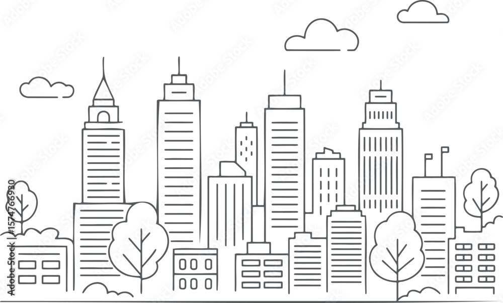 Fototapeta premium Cityscape with skyscrapers trees and clouds line art buildings