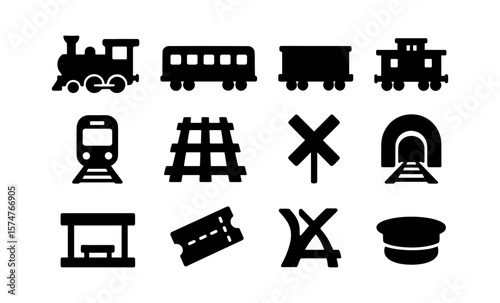 Railway icons set: train, tracks, tunnel, and more in silhouette style