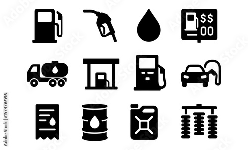 Black fuel icons set: gas station, pump, drop, and vehicle elements