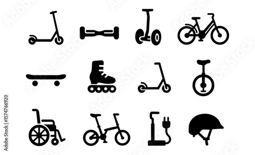 Set of transportation silhouettes: scooters, bikes, and mobility devices
