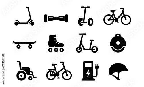 Eco-friendly transport icons collection: scooters, bikes, and more