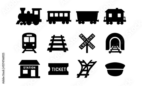 Train icons set: silhouette style of locomotive, tracks, ticket, and crossing signs