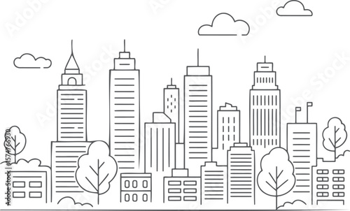 Cityscape with skyscrapers trees and clouds line art buildings