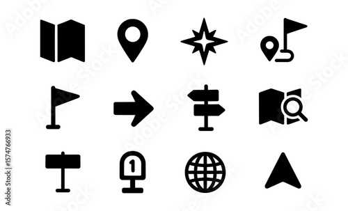 Navigation and map icon set: modern black flat symbols for travel and direction