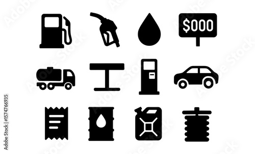 Fuel and transportation icons: simplistic black silhouettes for energy and transport themes