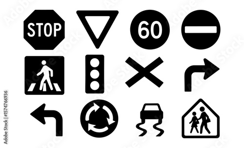 Collection of road and traffic signs in black silhouette style