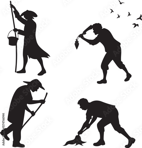 Vector art of silhouettes of people engaged in various outdoor work activities