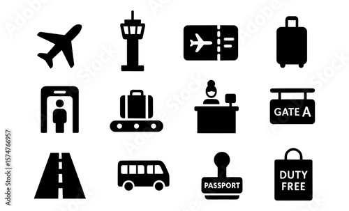 Airport travel icons collection: simplified pictograms for travel and tourism design
