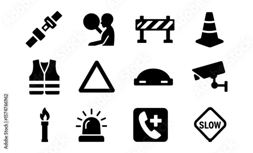 Traffic safety icon set: minimalist black silhouettes in grid layout