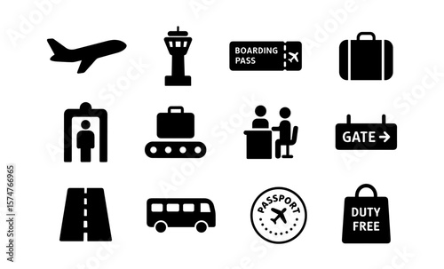 Essential airport icons: travel, security, and navigation symbols for modern interfaces