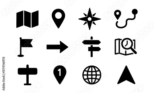 Navigation icons collection: map, compass, and direction symbols in black and white
