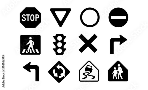 Traffic sign icons set: bold black silhouettes for road and safety design