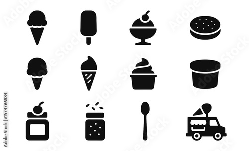 Minimal ice cream icons set: silhouette dessert and frozen treats collection