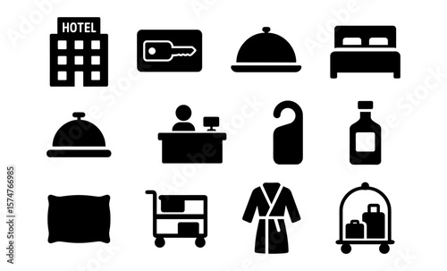 Simplified hotel icons: essential hospitality silhouettes for modern design