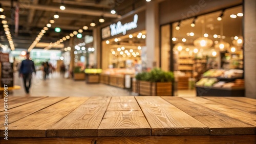 Blurred Shopping Center Background with Focus on Empty Wooden Counter