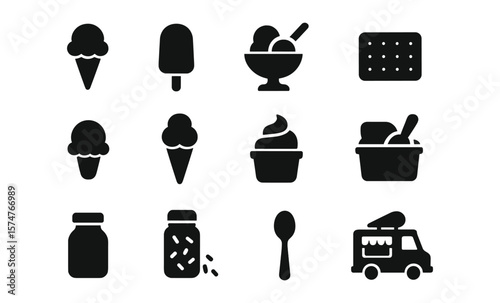 Dark silhouette icons of ice cream and dessert treats on textured background