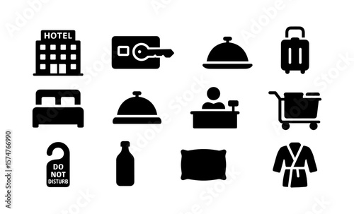 Essential hospitality icons: hotel, key, room service bell, and more