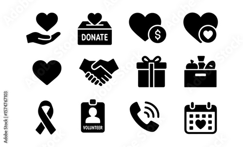 Silhouette icons for charity: donation, volunteer, and support symbols