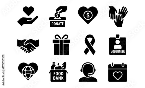 Charitable icons set featuring donation, volunteer, and support symbols in silhouette style