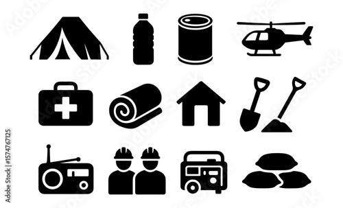 Essential emergency supplies in black silhouette style