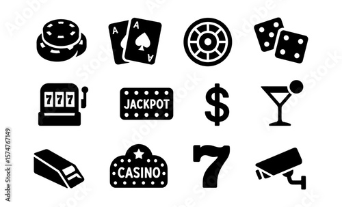Casino icons collection: black and white style for gaming enthusiasts
