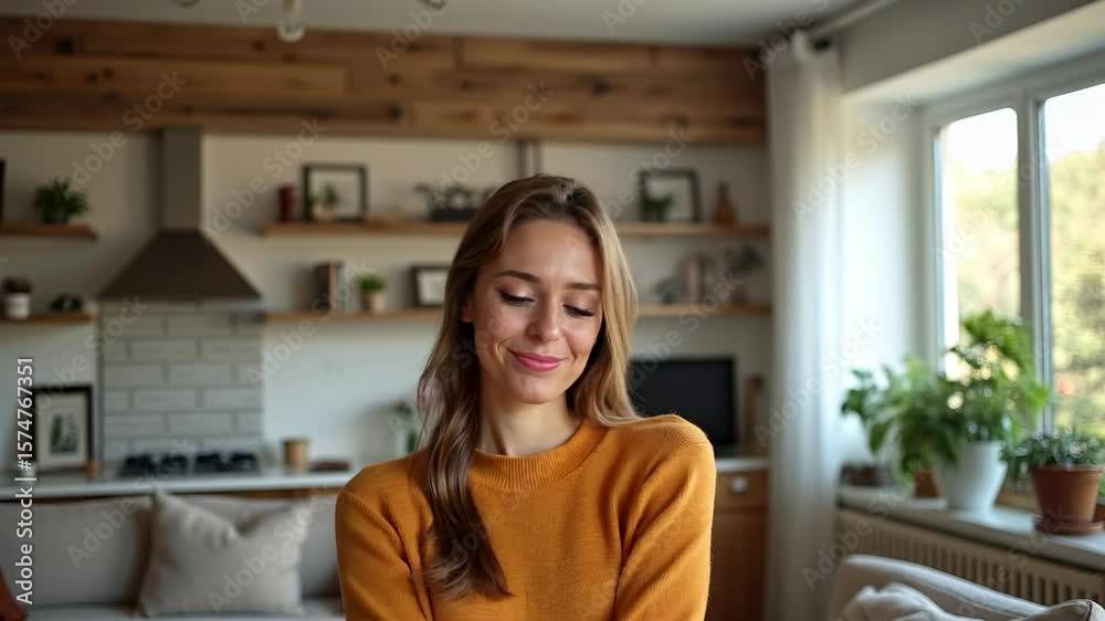 Young woman expression of well-being. Happiness in home interior concept. Young woman expression of well-being. Happiness in home interior concept.