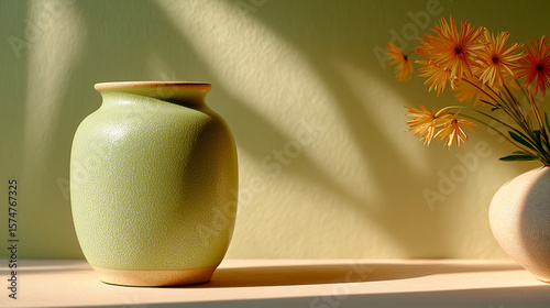 Serene Still Life: A simple, elegant ceramic vase, complemented by a second one with delicate yellow flowers, basks in the soft, dappled light of a gentle afternoon, evokes feelings of tranquility.