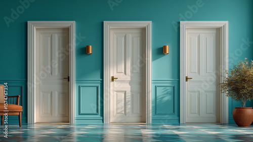 Three Doors of Opportunity: A modern interior scene showcasing three closed doors against a vibrant teal wall, hinting at choices, options, and possibilities with a minimalist aesthetic.