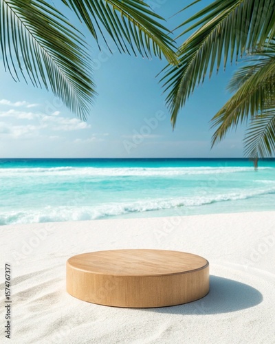 Tropical Product Display Mockup on Seashore with Turquoise Water and Sunny Sky