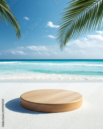 Tropical Product Display Mockup on Seashore with Turquoise Water and Sunny Sky
