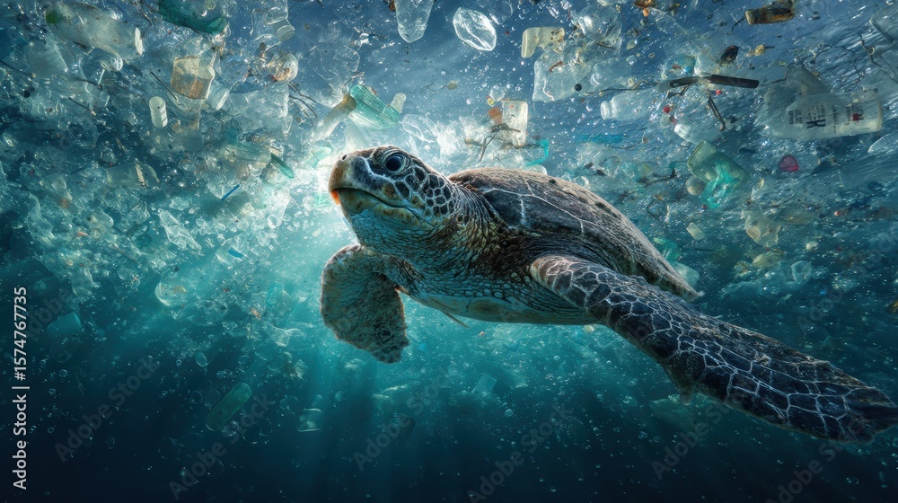 Fototapeta premium Marine Life Struggling with Ocean Plastic Pollution