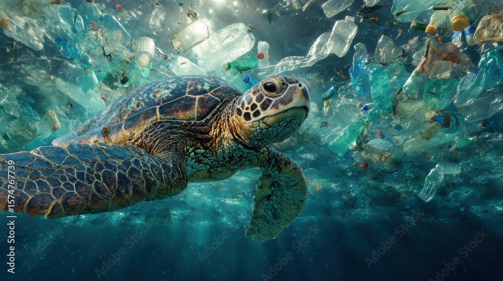Obraz premium Marine Life Struggling with Ocean Plastic Pollution