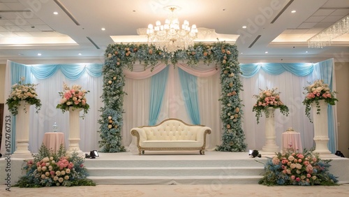Luxurious Wedding Stage Decoration with Floral Arch, Drapes, and Elegant Sofa