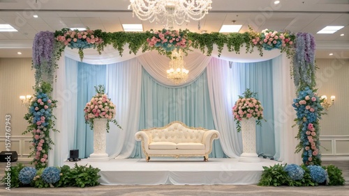 Luxurious Wedding Stage Decoration with Floral Arch, Drapes, and Elegant Sofa
