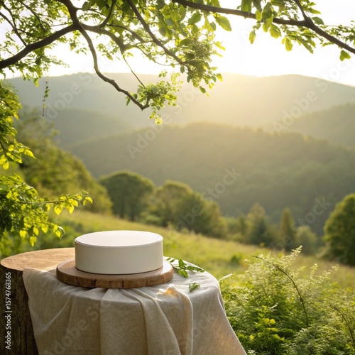 Empty Product Display Podium on Table in Serene Mountain Valley at Sunset