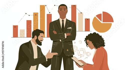 Confident business leaders analyze growth charts, discussing strategy for success in modern workplace