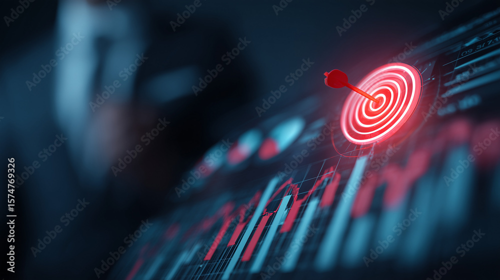 Obraz premium Business goal setting and strategic planning. professional analyzing financial reports and business analytics, with a glowing target and performance tracking in corporate strategy