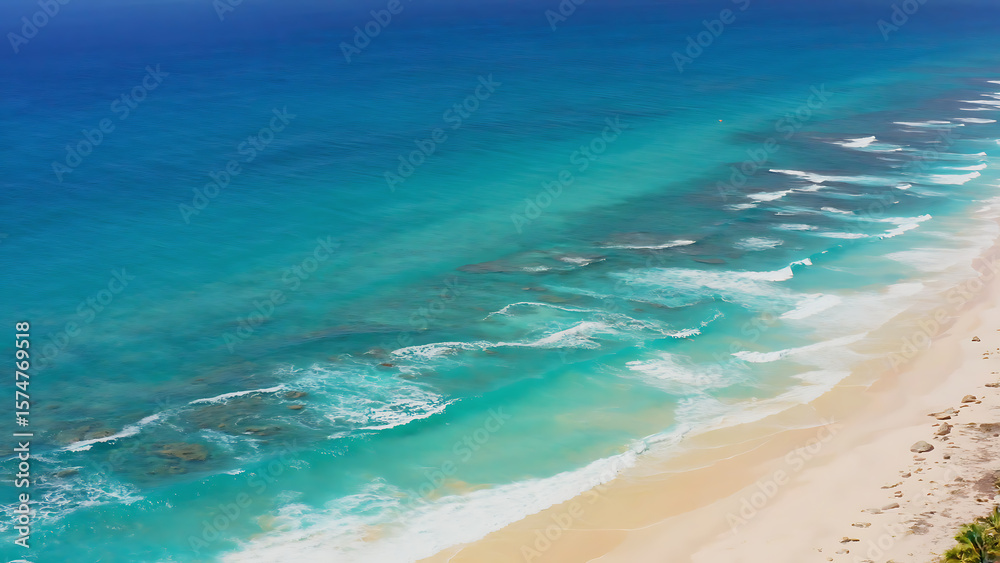 Obraz premium Aerial view of a tropical beach with turquoise water and white sand, creating a serene and inviting scene.