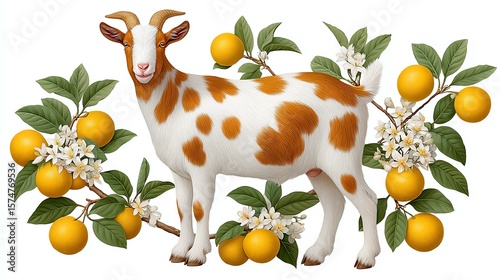 Detailed Illustration of a Goat Among Orange Citrus Blossoms,Hari Raya Haji  Eid al-Adha