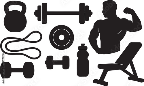 Fitness equipment and muscular silhouette kettlebell barbell