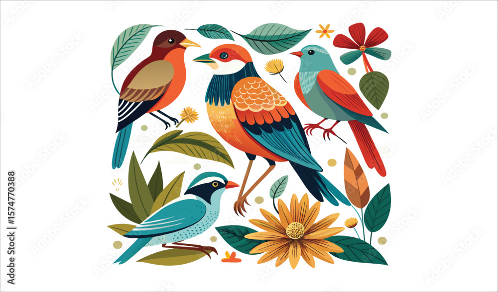 Vibrant bird illustration with tropical flowers and leaves
