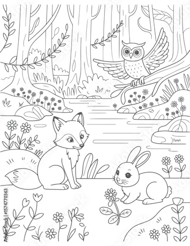 Fox rabbit owl forest stream flowers vector