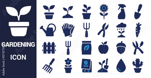 Gardening icons plants tools and nature elements sprout seedling